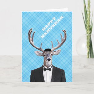 Cartes Pour Fêtes Annuelles Drôle Yarmulke Happy Hanoukka Deer Blue Plaid
