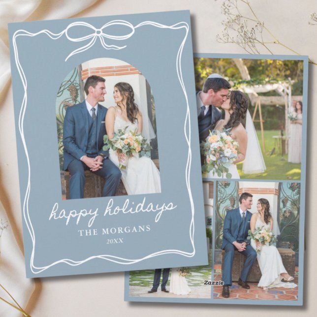 Cartes Pour Fêtes Annuelles Dusty Blue Bow Joyeuses Vacances Rustique Juste Ma (Dusty Blue Bow Happy Holidays Rustic Just Married Holiday Card)