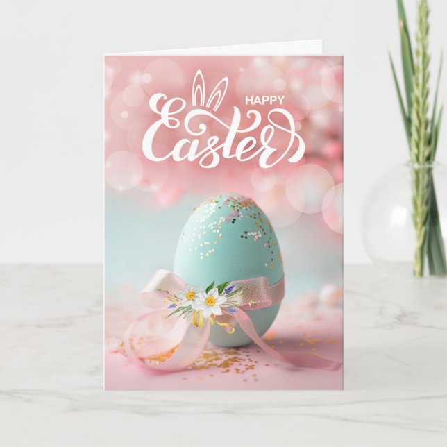 Cartes Pour Fêtes Annuelles Easter Blue Easter Egg with Ribbon and Daffodils (Devant)