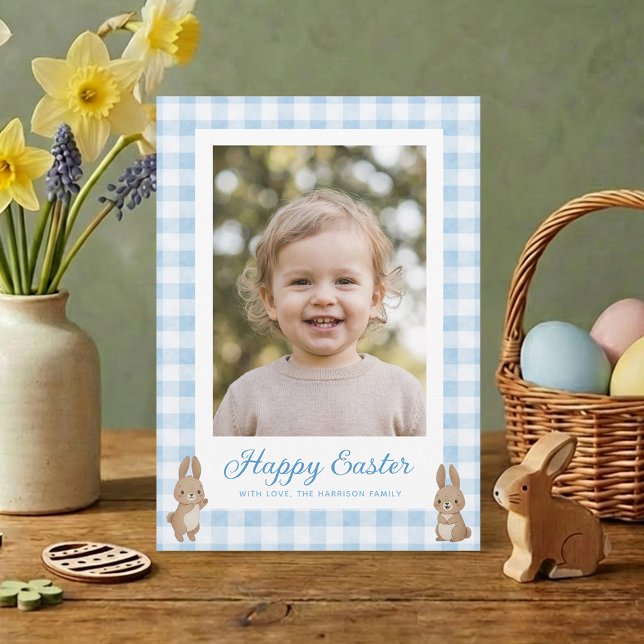 Cartes Pour Fêtes Annuelles Easter Bunny Blue Gingham Photo (Créateur téléchargé)