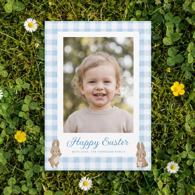 Cartes Pour Fêtes Annuelles Easter Bunny Blue Gingham Photo (Créateur téléchargé)