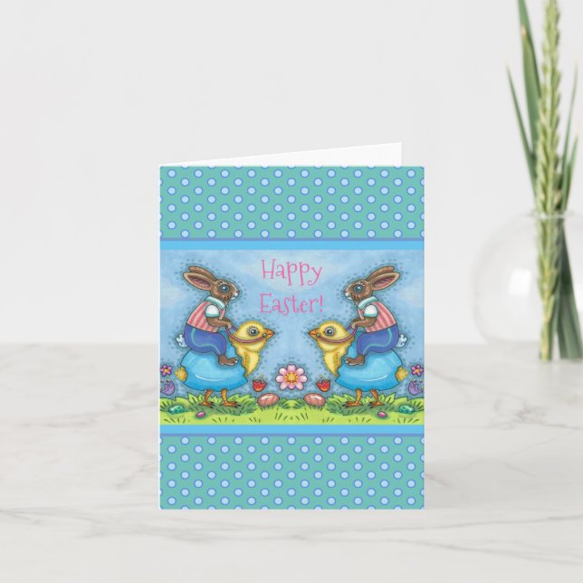 CARTES POUR FÊTES ANNUELLES EASTER BUNNY ÉQUITATION CUTE POULET EN OEUF BLEU,  (Devant)