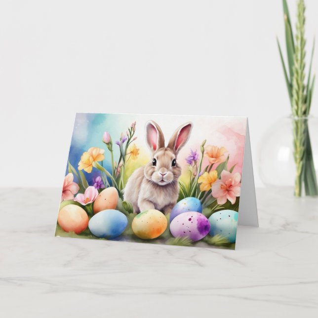 Cartes Pour Fêtes Annuelles Easter Bunny with Spring Flowers, Painted Eggs (Devant)