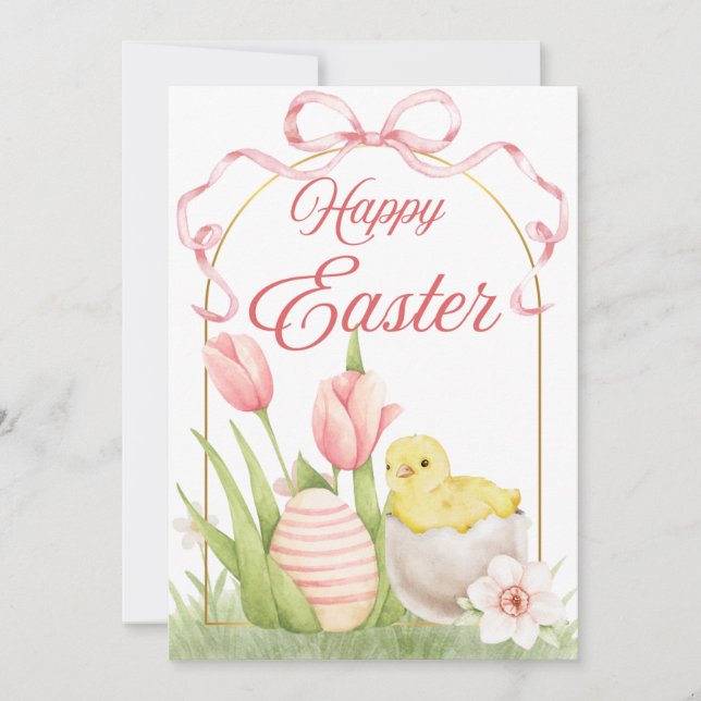 Cartes Pour Fêtes Annuelles Easter Chick & Tulips Flat Holiday Card (Devant)