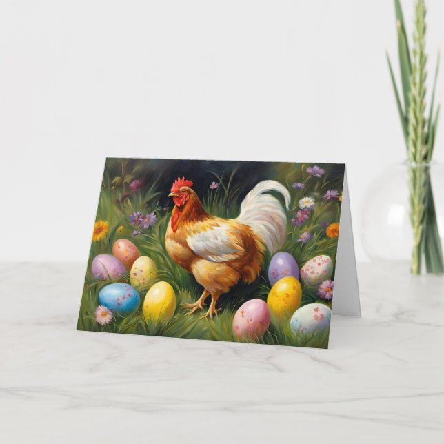 Cartes Pour Fêtes Annuelles Easter Chicken in the Flower Garden & Easter Eggs  (Devant)