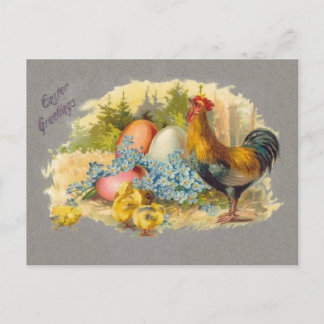 Cartes Pour Fêtes Annuelles Easter - Chicks, Eggs & Rooster - Antique Postcard