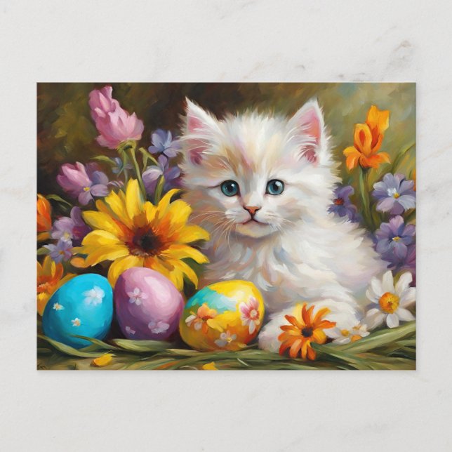 Cartes Pour Fêtes Annuelles Easter Kitten with Flowers and Painted Eggs  (Devant)