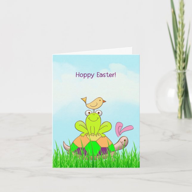 Cartes Pour Fêtes Annuelles Easter Turtle and Frog and Bird in Grass Card (Devant)
