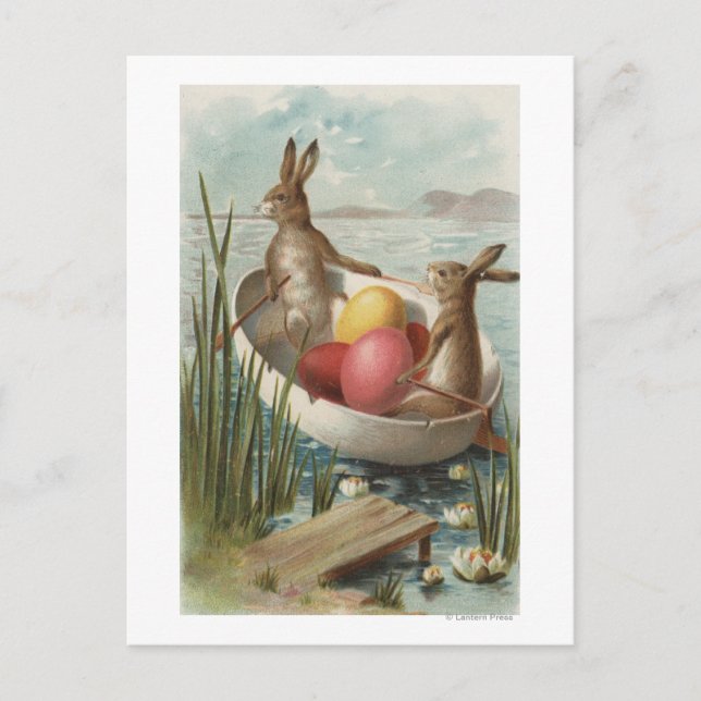 Cartes Pour Fêtes Annuelles EasterBunnies dans un bateau avec les oeufs (Devant)