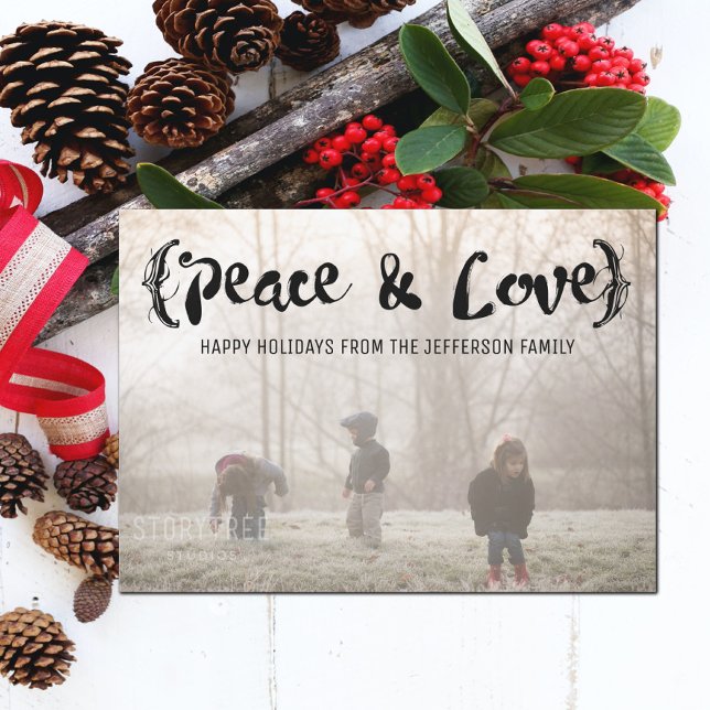 Cartes Pour Fêtes Annuelles Ebony Elegant Sketted Peace & Love Holiday Photo (Ebony Elegant Sketched Peace and Love Holiday Photo Card)