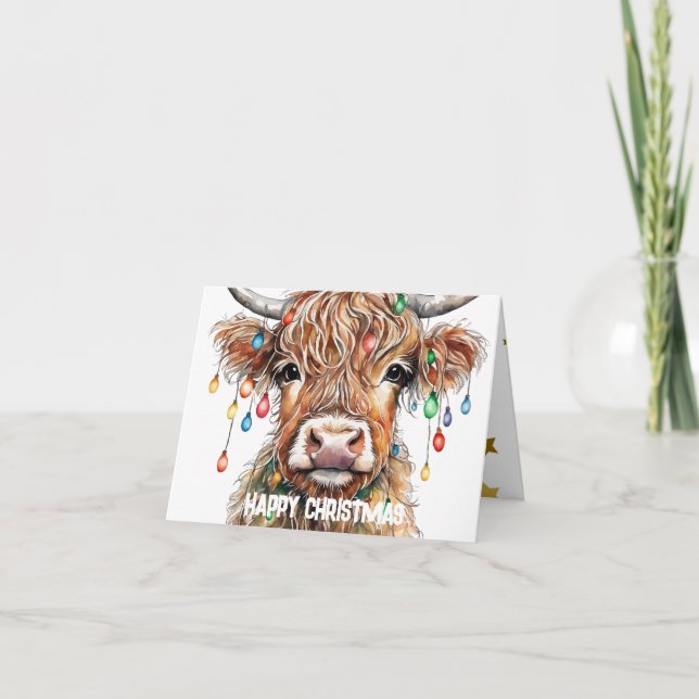 Cartes Pour Fêtes Annuelles Éclairage de Noël de la vache écossaise Highland (Devant)