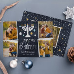 Cartes Pour Fêtes Annuelles Éclairage étoilé | Hanoukka Photo Collage Card<br><div class="desc">Festive Hanoukka carte photo présente quatre photos dans une mise en page collage,  avec "joyous Hanoukka" en lettres blanches sur un arrière - plan bleu marine agrémenté d'une menorah éclairée et d'étoiles blanches,  bleues et dorées. Personnalisez-vous avec vos noms en dessous,  et ajoutez une photo supplémentaire à l'arrière.</div>