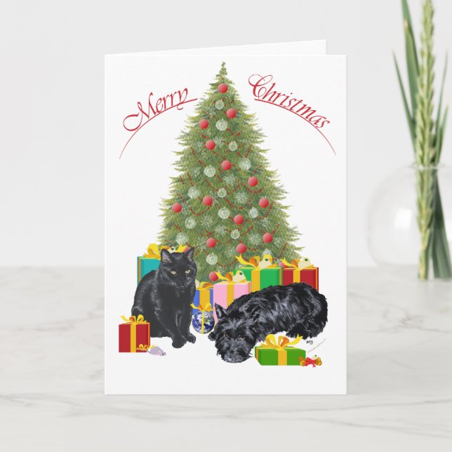 Cartes Pour Fêtes Annuelles Ecosse Terrier & Black Cat Noël (Devant)