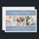 Cartes Pour Fêtes Annuelles Écriture de calligraphie moderne Dusty Blue 3 Phot<br><div class="desc">Écriture de calligraphie moderne tendance 3 Photo Collage de photos de famille Carte de Noël - Dusty Blue</div>