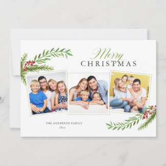 Cartes Pour Fêtes Annuelles Écriture élégante de verdure 3 Photos Joyeux Noël