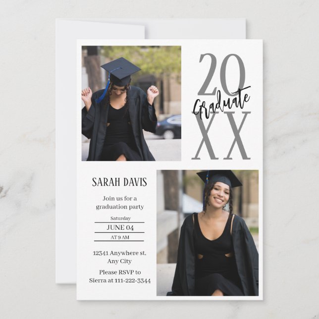 Cartes Pour Fêtes Annuelles Écriture en noir et blanc graduation photo Invitat (Devant)