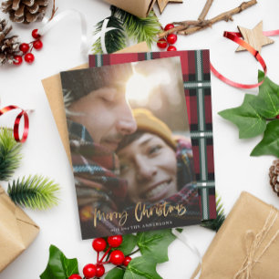Cartes Pour Fêtes Annuelles Ecriture or joyeux noël rouge tartan photo