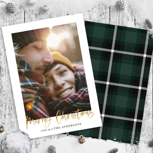 Cartes Pour Fêtes Annuelles Ecriture or joyeux noël vert tartan photo (Créateur téléchargé)