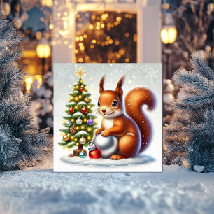 Cartes Pour Fêtes Annuelles Écureuil charmant avec arbre de Noël et boules