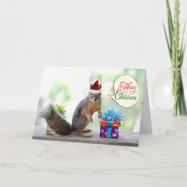 Cartes Pour Fêtes Annuelles Écureuil de Noël avec cadeaux de Noël (Devant)
