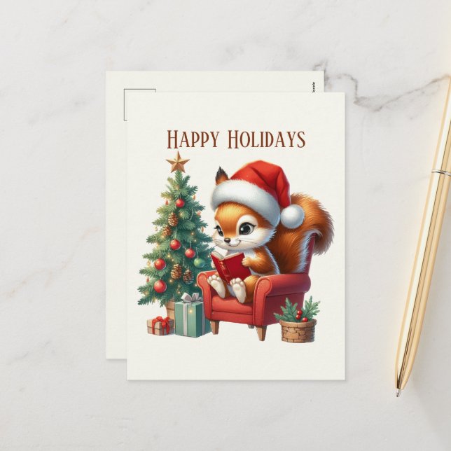 Cartes Pour Fêtes Annuelles écureuil de Noël festif ajouter le message (Devant/Arrière en situation)