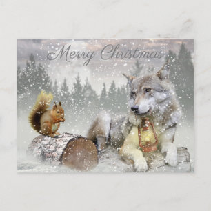 Cartes Pour Fêtes Annuelles Écureuil du loup mignon hiver Forêt de neige Noël
