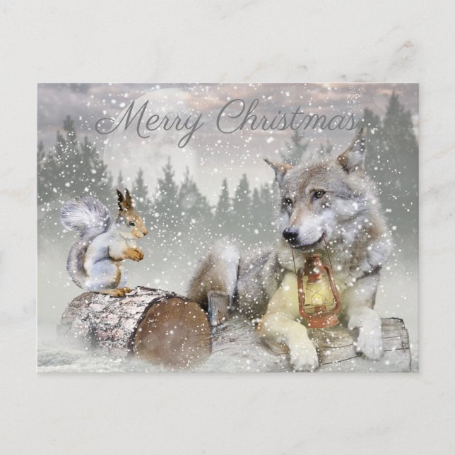 Cartes Pour Fêtes Annuelles Écureuil du loup mignon hiver Forêt de neige Noël (Devant)