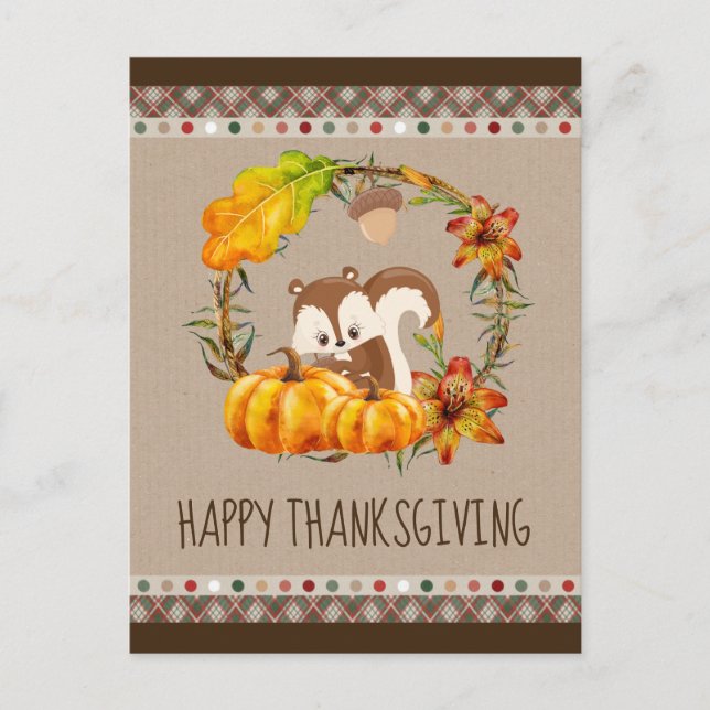Cartes Pour Fêtes Annuelles Écureuil et Bon thanksgiving Citrouille (Devant)