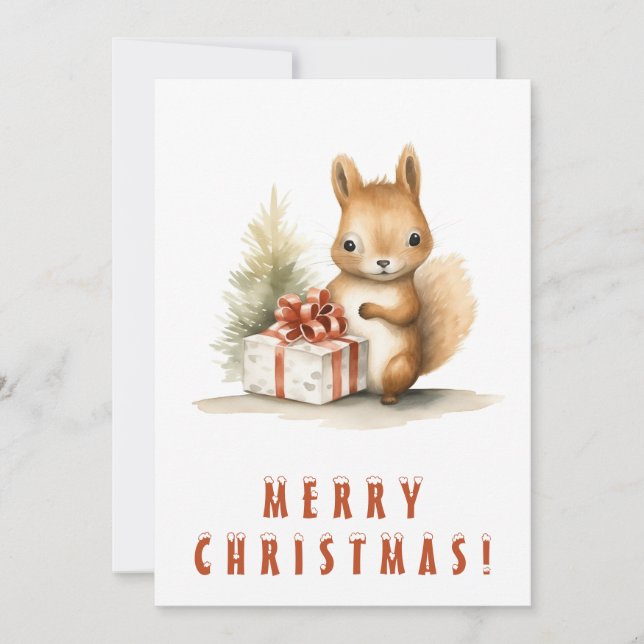 Cartes Pour Fêtes Annuelles Écureuil mignon avec cadeau de Noël Joyeux Noël (Devant)