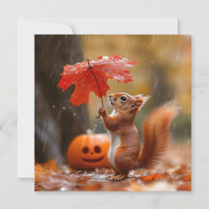 Cartes Pour Fêtes Annuelles Écureuil mignon avec parapluie à feuilles - Pluie 