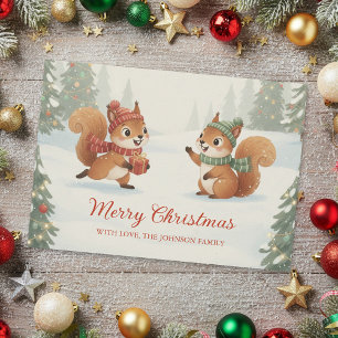 Cartes Pour Fêtes Annuelles Écureuils joueurs dans la forêt hivernale de Noël