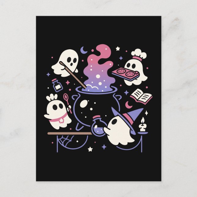 Cartes Pour Fêtes Annuelles Éffrayant Ghost Halloween Witch Cauldron (Devant)