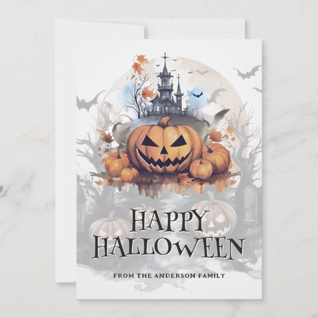 Cartes Pour Fêtes Annuelles Éffrayant Halloween Haunted House Bats Jack-O-Lant (Devant)