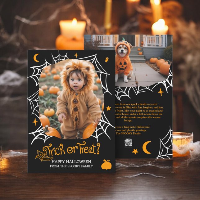 Cartes Pour Fêtes Annuelles Éffrayant Halloween Spider web Trick ou traiter 2  (Spooky Halloween Spider web Trick or treat 2 photo Holiday Card)