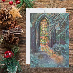 Cartes Pour Fêtes Annuelles Eglise de Noël vintage avec vitre en verre