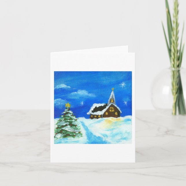 Cartes Pour Fêtes Annuelles Eglise Noël Arbre Paysage Art Neige Étoiles (Devant)