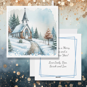 Cartes Pour Fêtes Annuelles Église par un jour d'hiver   Noël aquarelle