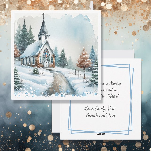 Cartes Pour Fêtes Annuelles Église par une journée d'hiver | Noël aquarelle (Créateur téléchargé)
