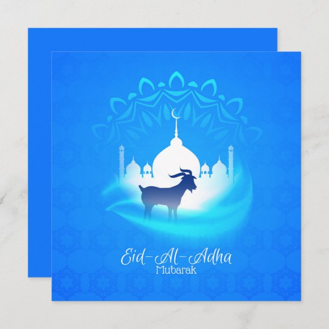 Cartes Pour Fêtes Annuelles Eid Al Adha Moubarak Chèvre Bleu Blanc Islamique (Devant / Derrière)