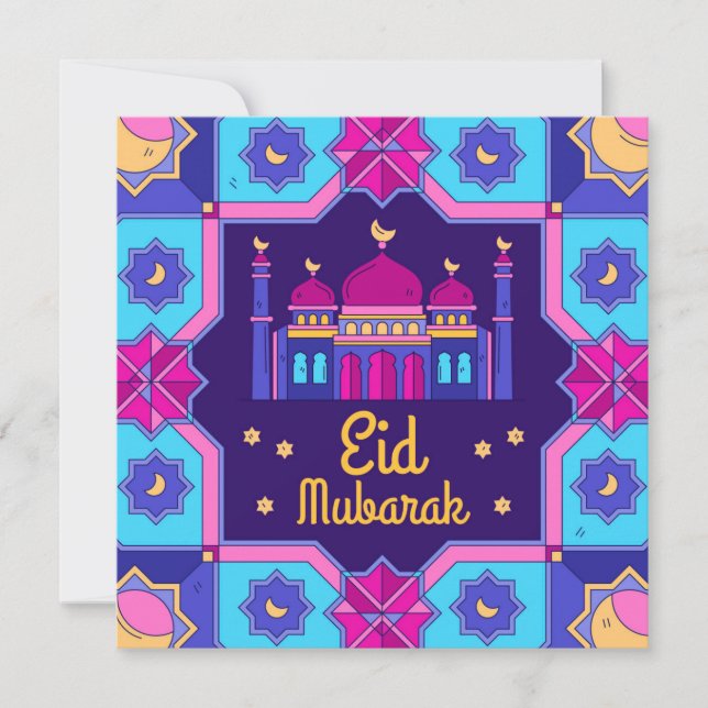 Cartes Pour Fêtes Annuelles Eid Moubarak Crescent Stars Aquarelle bleu rose (Devant)