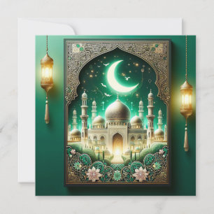 Cartes Pour Fêtes Annuelles Eid Moubarak Croissant Mosquée Floral Cadre Vert