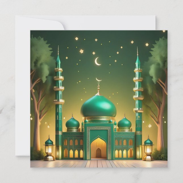 Cartes Pour Fêtes Annuelles Eid Moubarak Mosquée Croissant Étoiles Vert Or (Devant)