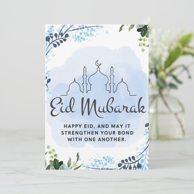 Cartes Pour Fêtes Annuelles Eid Moubarak Mosquée Fleur Bleue (Debout devant)
