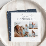 Cartes Pour Fêtes Annuelles Elegant 3 Photo Collage Happiest Hanoukka<br><div class="desc">Partagez de la joie avec ces cartes de fin de année Hanoukka modernes avec 3 de vos photos préférées (une verticale et deux petites horizontales ou orientées paysage). "Happiest Hanoukka" apparaît en haut en calligraphie lettrée à la main et en écriture serif classique. Personnalisez avec votre nom de famille et...</div>
