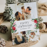 Cartes Pour Fêtes Annuelles Elégant 3 Photo Hiver Botanique Joyeux Noël<br><div class="desc">Cette collection présente des fleurs rouges aquarelles,  des baies et de la verdure hivernale avec une typographie moderne et élégante,  avec un motif botanique d'hiver.</div>