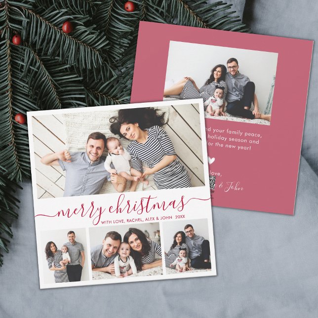 Cartes Pour Fêtes Annuelles Elégant 4 Photo Collage Rouge Blanc Noël (Créateur téléchargé)