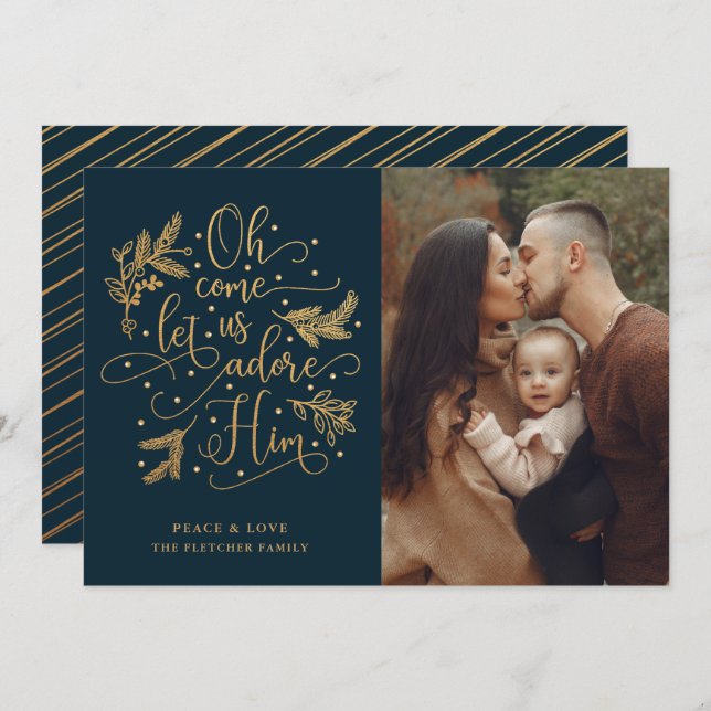 Cartes Pour Fêtes Annuelles Élégant Adore Lui| Noël photo| Gold Navy (Devant / Derrière)