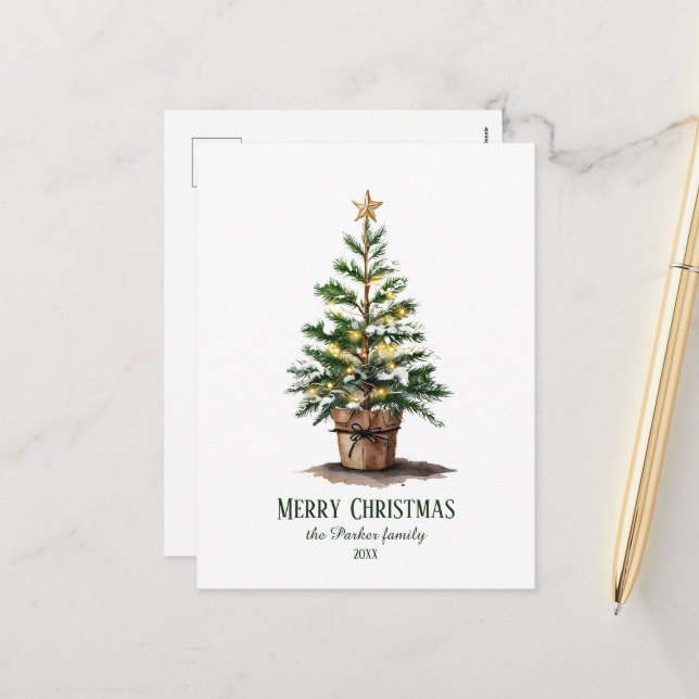 Cartes Pour Fêtes Annuelles Elégant Aquarelle Arbre de Noël non photo (Devant/Arrière en situation)