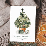 Cartes Pour Fêtes Annuelles Elégant Aquarelle Arbre de Noël non photo<br><div class="desc">Elégante carte de vacances non photo avec un arbre de Noël aquarelle festif orné de verres et entouré de cadeaux enveloppés. Personnalisez la carte en ajoutant un message d'accueil personnalisé, votre nom de famille et l'année. La carte des fêtes de Noël revient à votre message affiché en lettres blanches et...</div>