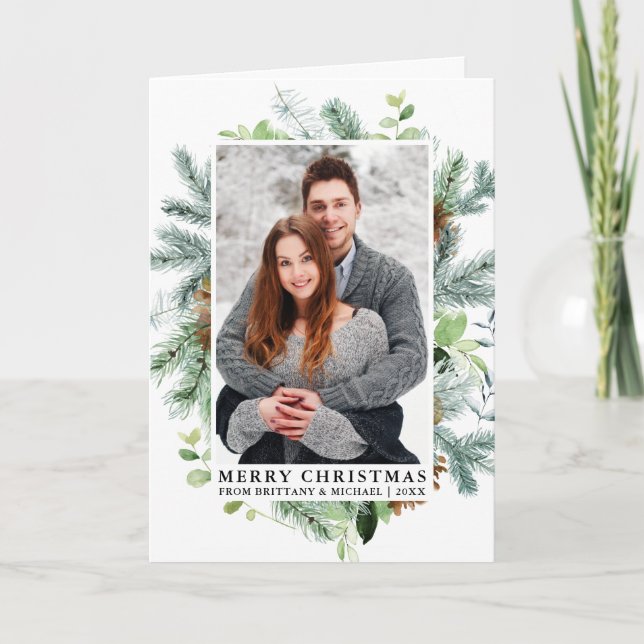 Cartes Pour Fêtes Annuelles Elégant aquarelle Pine Frame Couple Photo Plier (Devant)